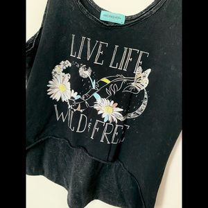 Graphic High/ Low Distressed Tank Top